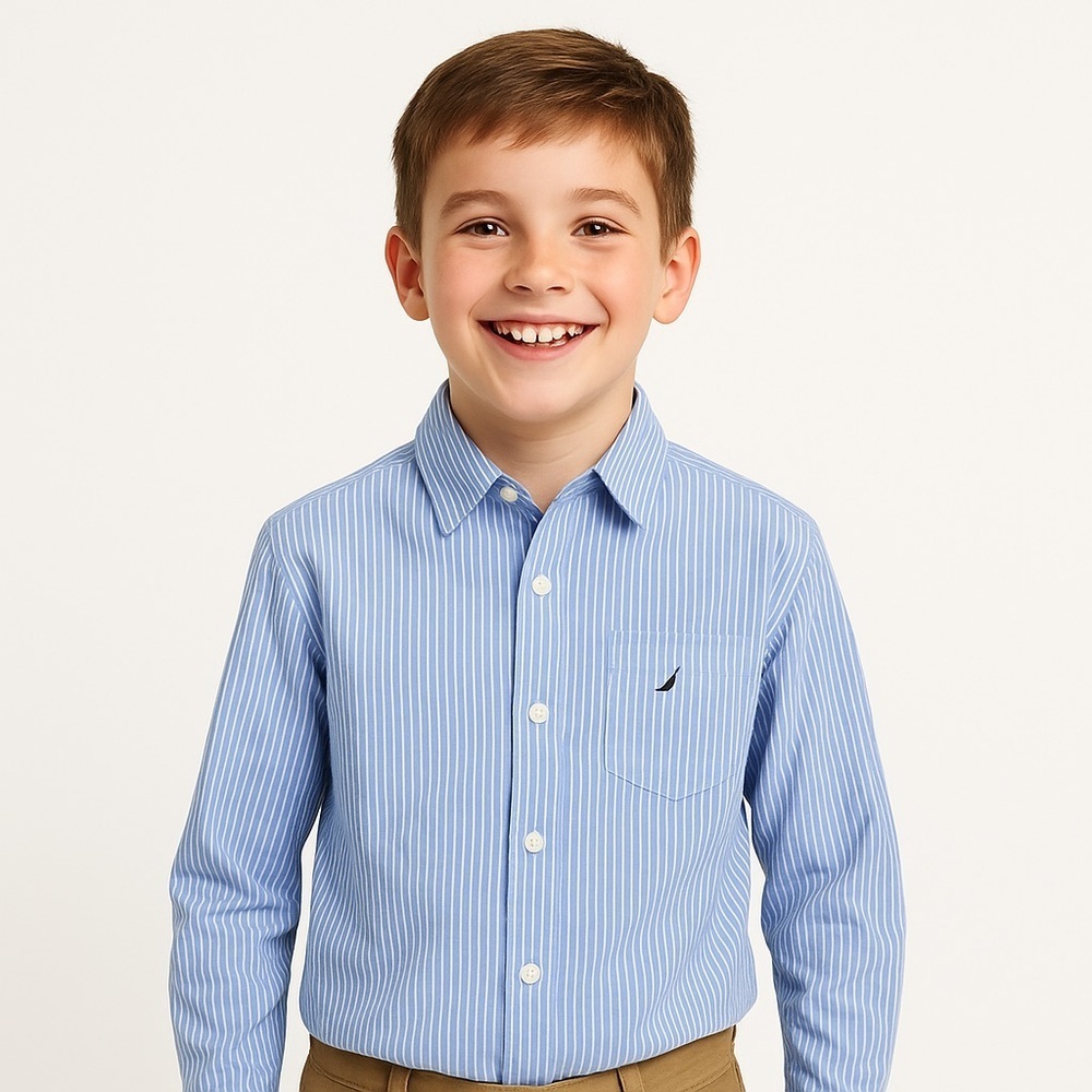 Nautica Boys Blue White Stripe Long Sleeve Button Up Shirt Size 10 R Classic